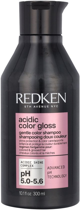 Bouteille de shampooing Redken Acidic Color Gloss 300 ml avec étiquette rose.