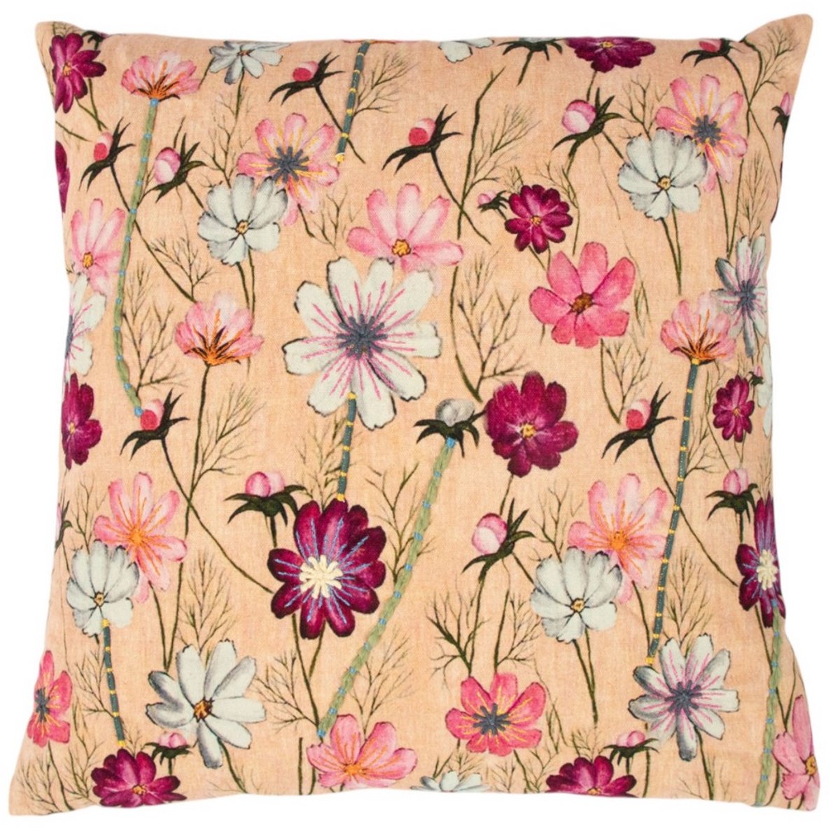 Mars & More kussen geborduurd wilde bloemen rozenbottel beige 45x45cm Multi