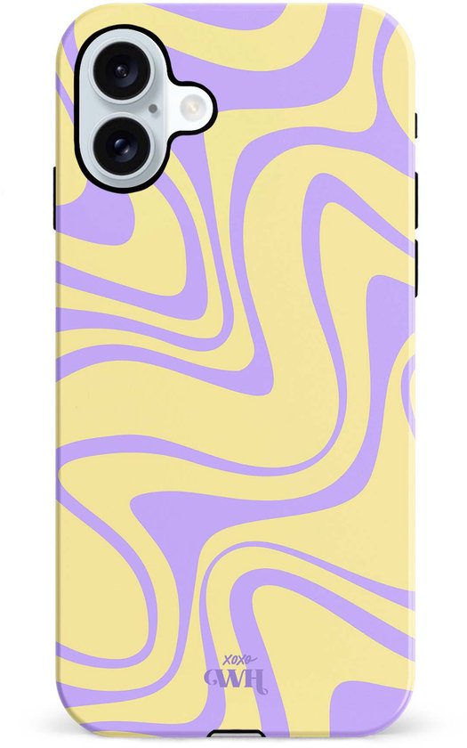 Telefoonhoesje met een gele achtergrond en paarse golvende lijnen, met 'Xoxo GWH' logo.
