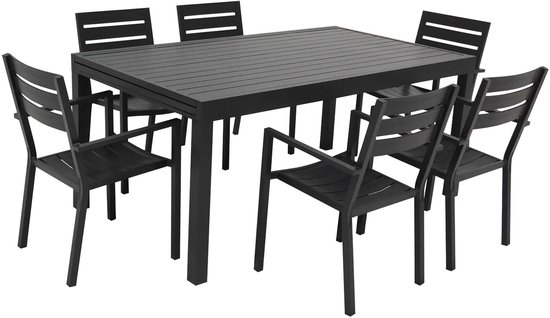 Antracietkleurige aluminium tuintafel met zes stoelen.