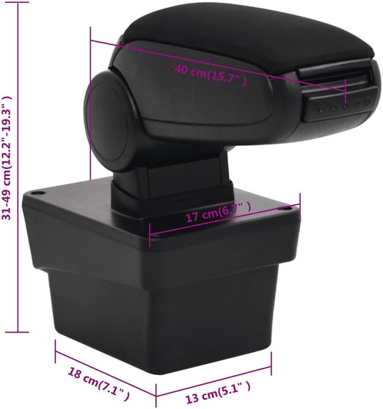 Accoudoir noir sur socle plastique avec dimensions indiquées.
