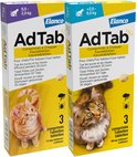 Twee dozen AdTab kauwtabletten voor katten. Een met een oranje kat, de andere met een gevlekte kat. Beide dozen vermelden '3 tabletten' en het gewicht.