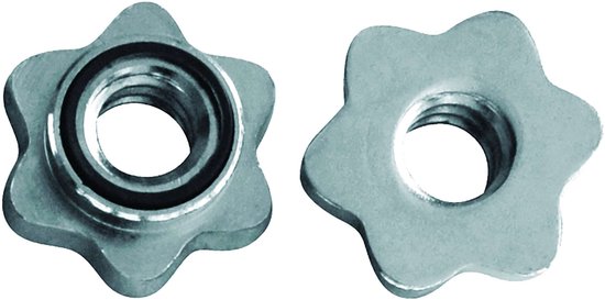Twee zilverkleurige ster-vormige halterstangsluiters met schroefdraad, voor 30mm stangen.