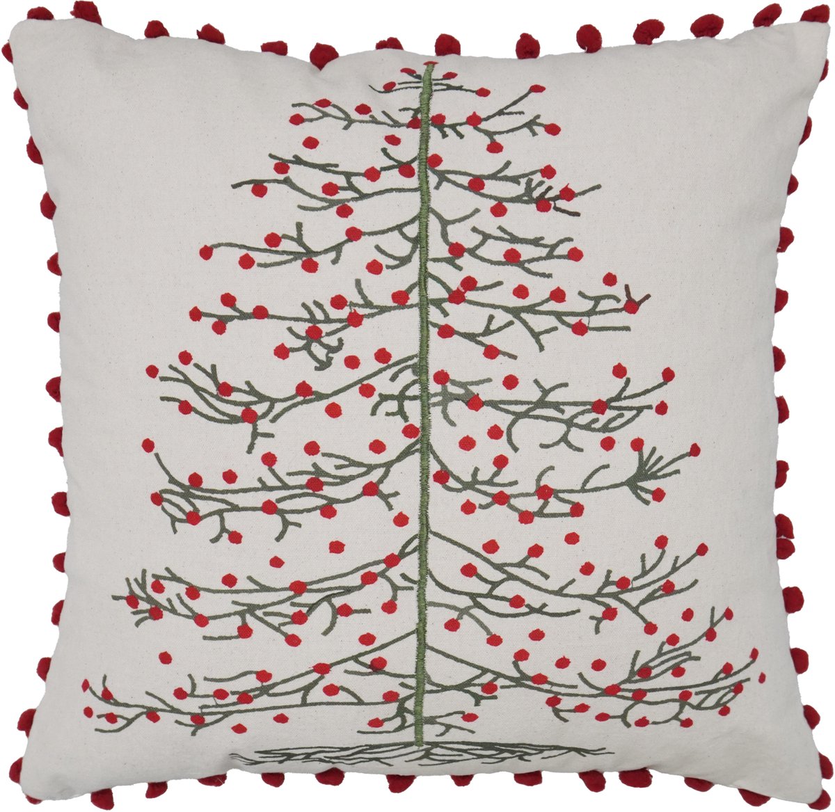 Urbane Hide Kussenhoes 45x45 cm | Kussenhoezen | Kussenhoesjes | Geborduurd | Feestelijke kerstboom met pomponrand | Katoen | Rood/beige | Zonder Binnenkussen Type G