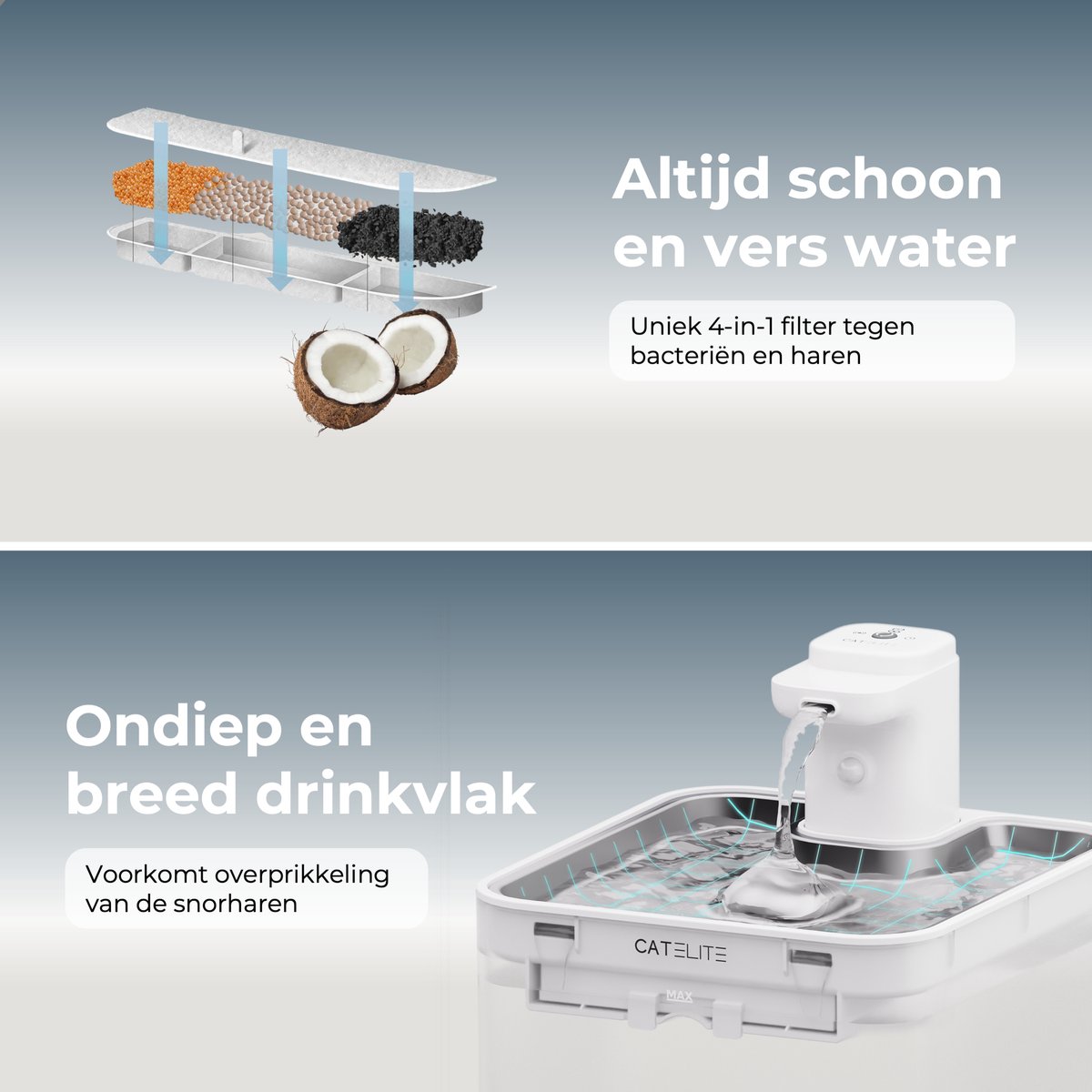CatElite® - Draadloze Drinkfontein Kat RVS | Wave - Waterdispenser met Sensor & Accu - Incl. 2 Filters - 2.5L Waterfontein Kat - Kattenfontein - Fluisterstil - Wit - Upgraded Version thumbnail 4