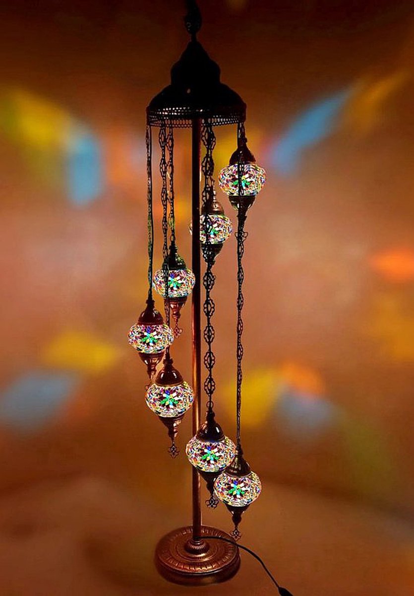 Turkse vloerlamp 7 bollen multicolour - handgemaakt - hoogte 160 cm - mozaïek glas - E-14 fitting