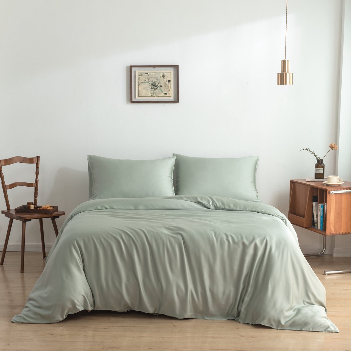 Bamboe dekbedovertrek Sage Green lichtgroen 200x200 cm – Instopstrook, zacht, ademend & duurzaam | Boomba Bamboo®