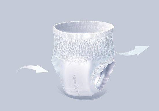 Wit Seni Active Super incontinentiebroekje met elastische tailleband en pijpjes, met pijlen die luchtcirculatie aanduiden.