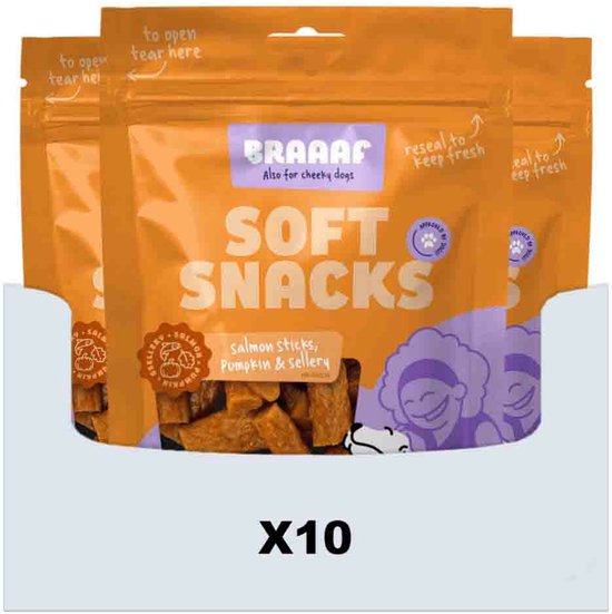 Braaaf Sticks Hondensnack Zalm - Pompoen - Selderij - 10 x 85 gr - Voordeelverpakking