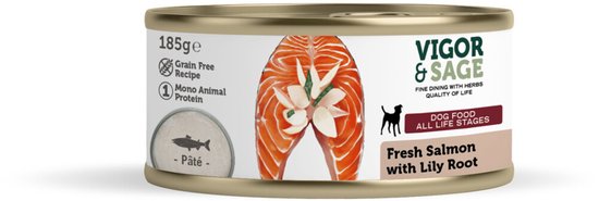 Vigor & Sage Hondenvoer Vers-in-Blik Zalm - Lily Root - 12 x 185 gr - Voordeelverpakking