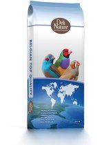 Deli Nature vogelsvoer met drie kleurrijke tropische vogels en een wereldkaart op de voorkant. "BELGIAN TOP QUALITY" staat verticaal.