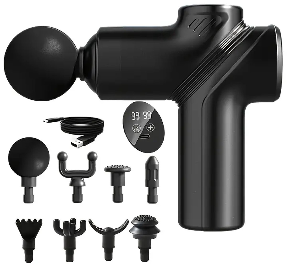 Draagbare professionele massagepistool, 99-snelheidsinstelling, uitgerust met LCD-scherm, ondersteunt USB-opladen, elektrisch fascia-massagepistool
