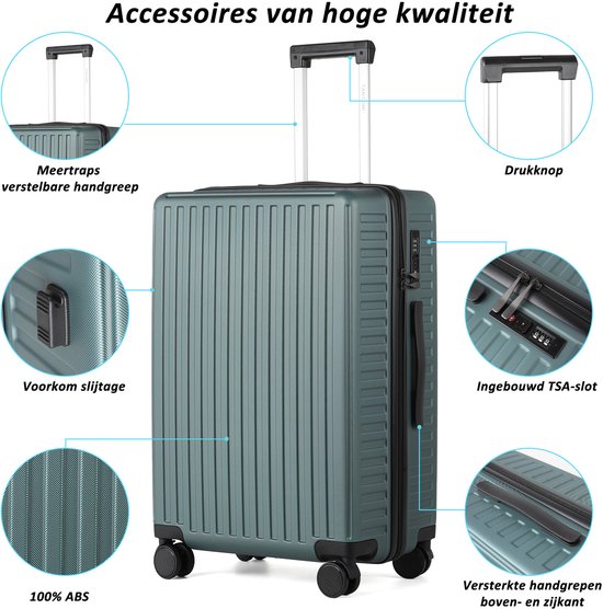 Lichtgroene koffer met attributen: verstelbare handgreep, anti-slag, 100% ABS, drukknop, TSA-slot, versterkte handgrepen.