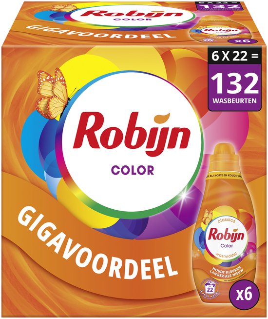 Robijn Klein & Krachtig Classics Vloeibaar Wasmiddel - Color - met natuurlijk kleurserum en 87% biologisch afbreekbare ingrediënten* - 6 x 22 wasbeurten