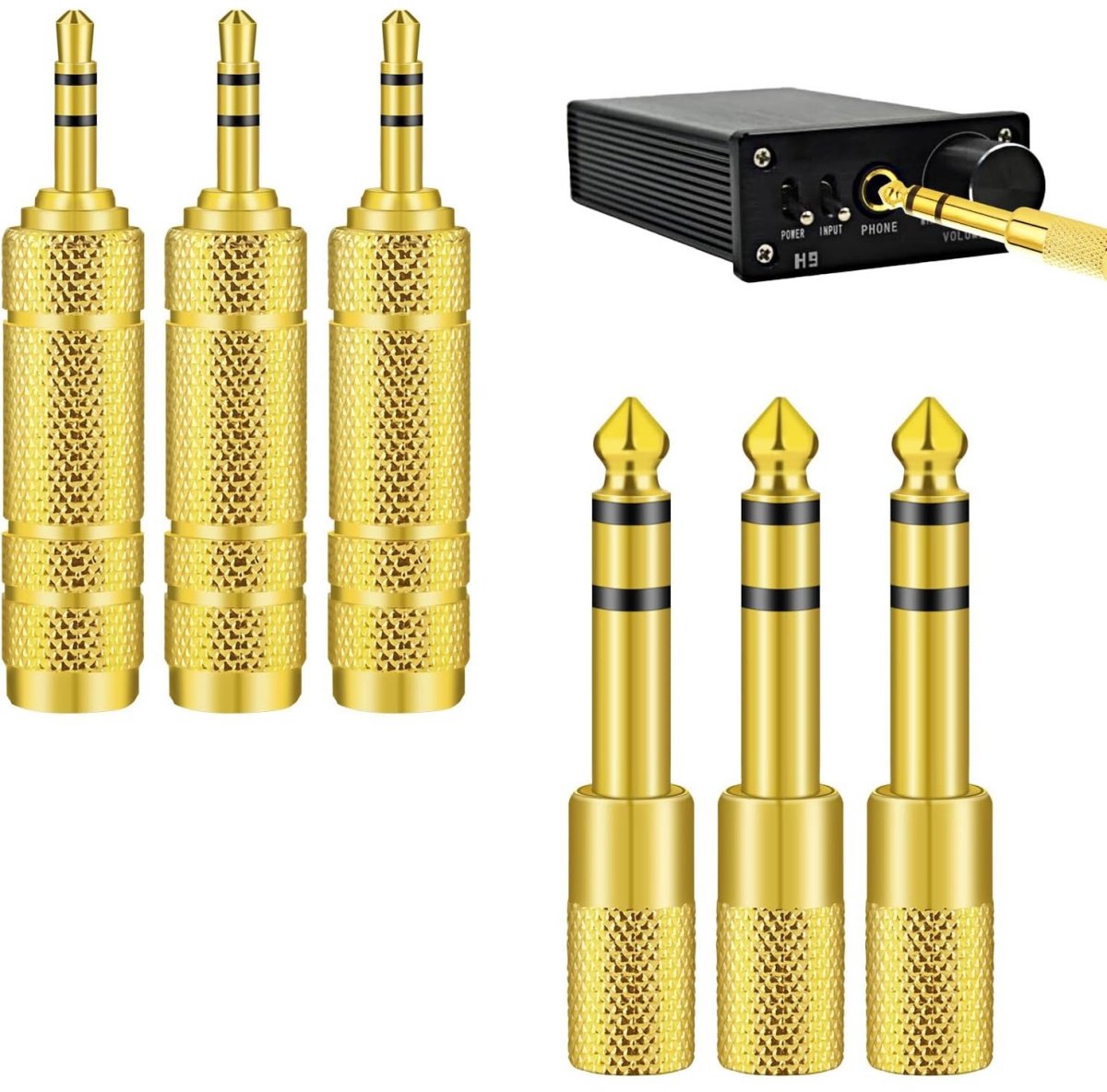 TOVBMUP 6 Stuks Koptelefoonadapter - 6,5mm naar 3,5mm en 3,5mm naar 6,5mm Audioadapter - Verguld met 360° antislip draad - Geschikt voor keyboard, luidspreker, koptelefoon en gitaar - Metaal - Incl. 3x 6,5mm-3,5mm en 3x 3,5mm-6,5mm adapters