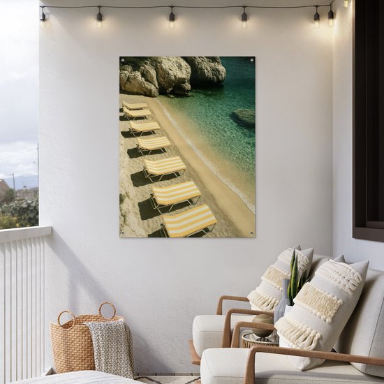 Tuinposter 90x120 cm - Tuindecoratie Strandbedden - Zee - Stenen - Baai - Poster voor in de tuin - Buiten decoratie - Schutting tuinschilderij - Tuindoek muurdecoratie - Wanddecoratie balkondoek