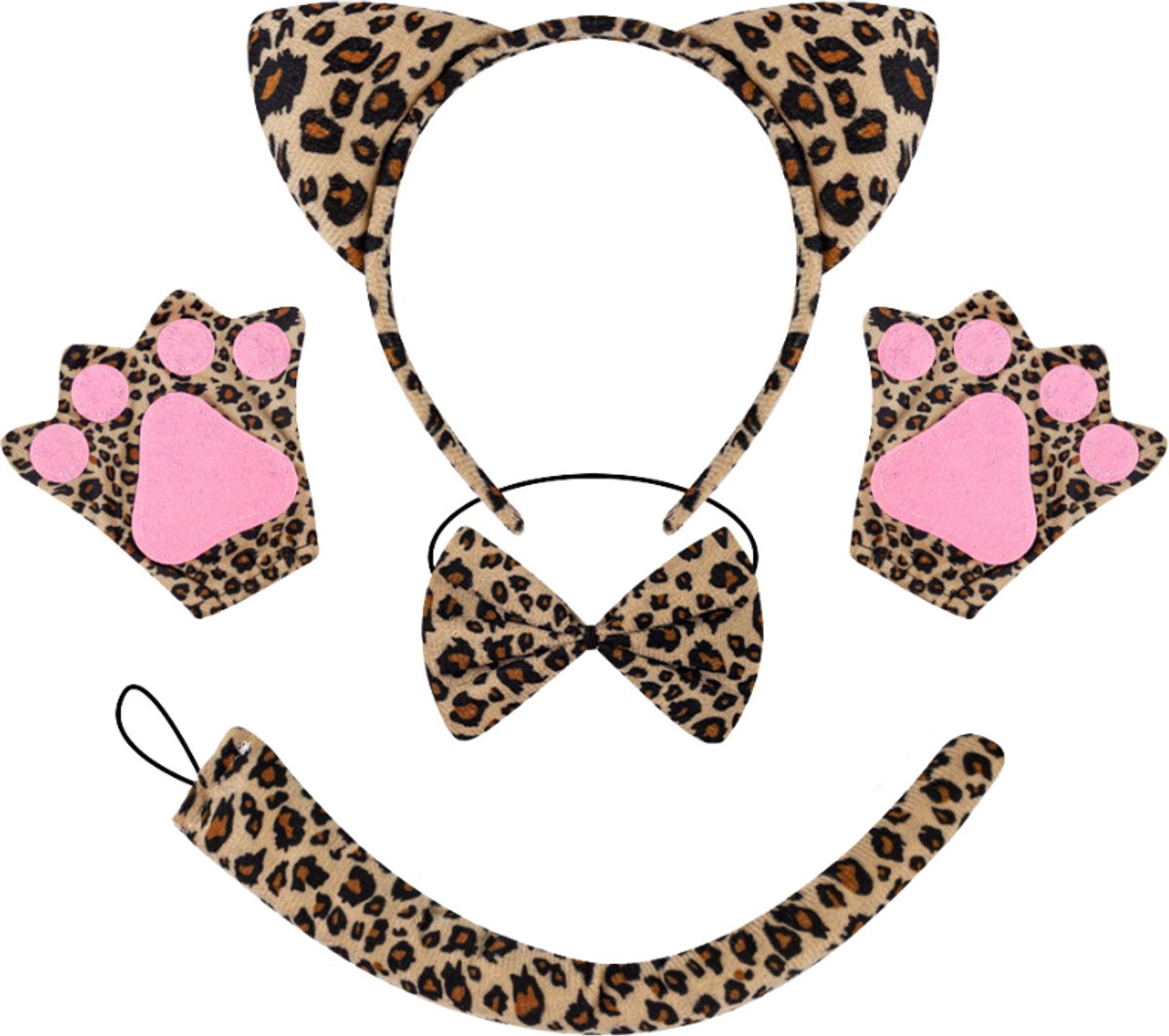 Joya Kids® Panter Verkleed Accessoires | Verkleedset Luipaard | Meisjes en Jongens en Volwassenen Verkleedpak Kat | Carnaval en Halloween Outfit kinderen en volwassen | Haarband met Oren, Staart, Pootjes en Strik | Tijger — afbeelding 3