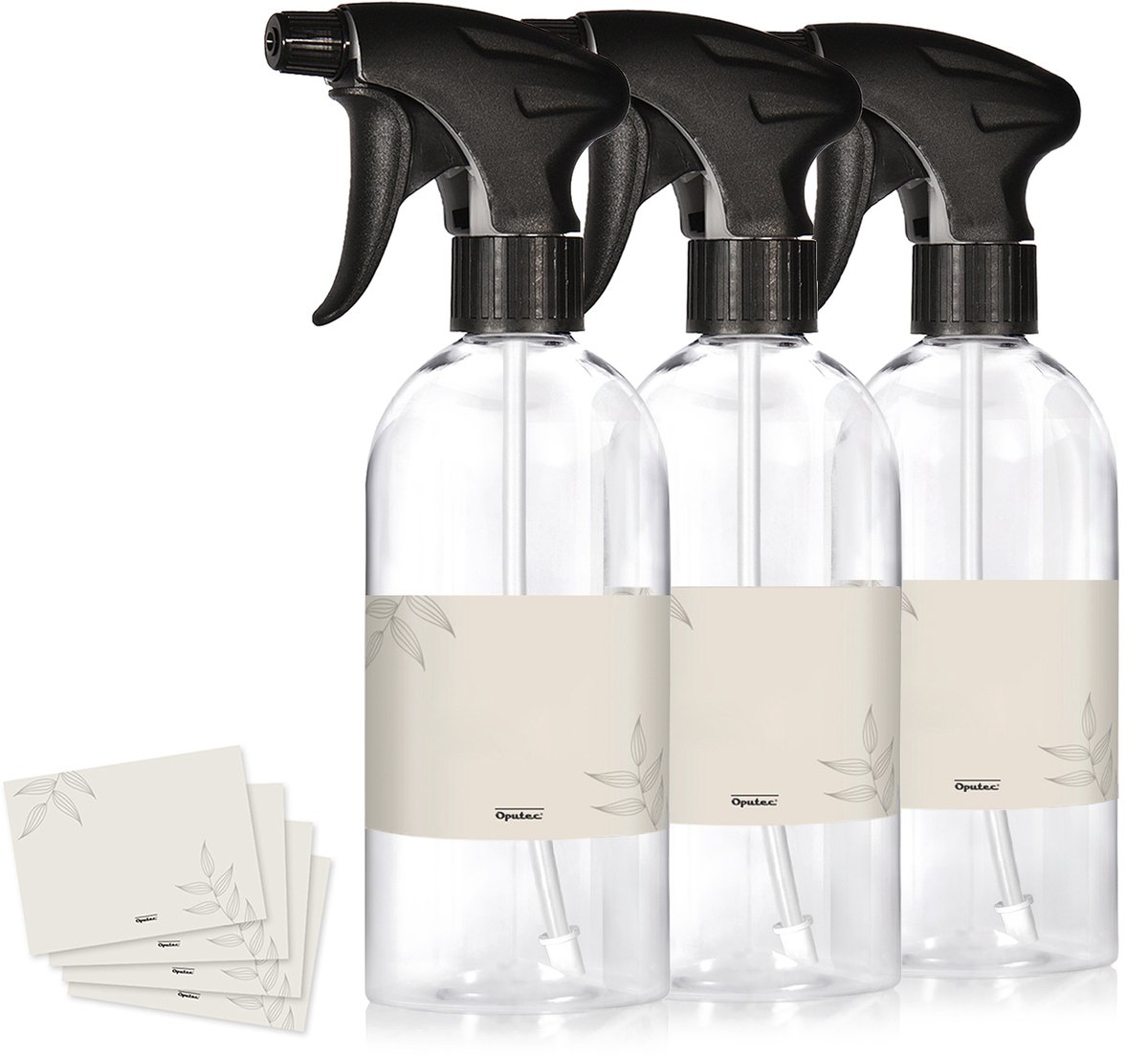 Oputec 3x 500ml sprayflessen – Transparant – Lege verstuivers met ergonomische sproeikop + etiketten