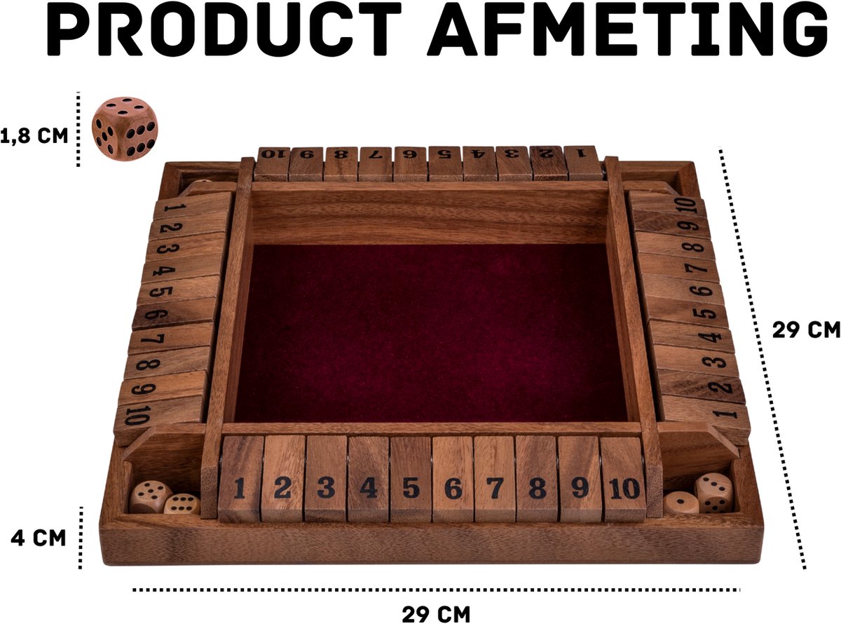 Shut The Box 4 Spelers – Walnoot Houten Dobbelspel – 29 x 29 cm – Met Ingelegd Vilt & 8 Houten Dobbelstenen – Gezelschapsspel – Engelhart — afbeelding 2