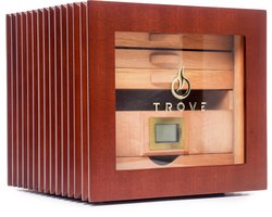 Luxe Sigarenkist - Humidor - van Spaans Cederhout - Bruine Pianolak, Glazen Deur, Digitale Hygrometer en Humidifier - Ruimte voor 50-100 Sigaren - 5 Laadjes (26,5 x 24 x 24 cm)