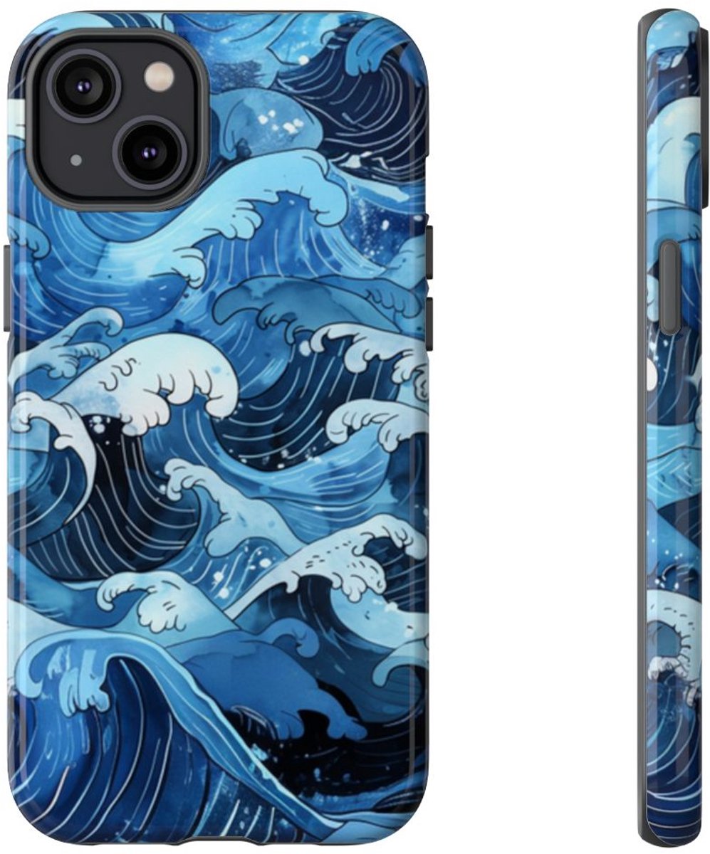 Handgetekende Japanse Stijl Oceaangolven – Telefoonhoesje Geschikt voor iPhone 14 Plus