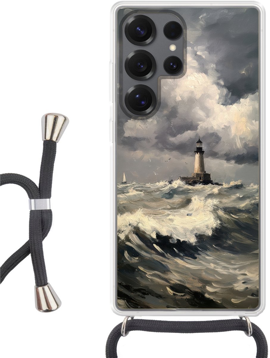 Telefoonhoesje Geschikt voor Samsung Galaxy S25 Ultra - Vuurtoren - Golven - Storm - Siliconen - Crossbody - Backcover met Koord - Telefoonhoesje met koord - Hoesje met touw Telefoonhoesje