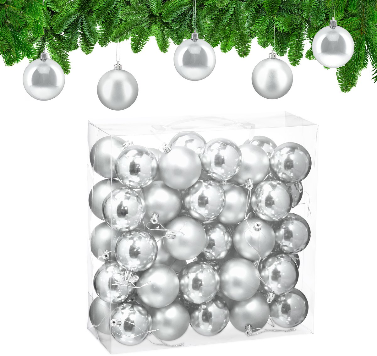 kerstballen set van 50 - Ø 6 cm - glanzend - mat - kunststof - zilver