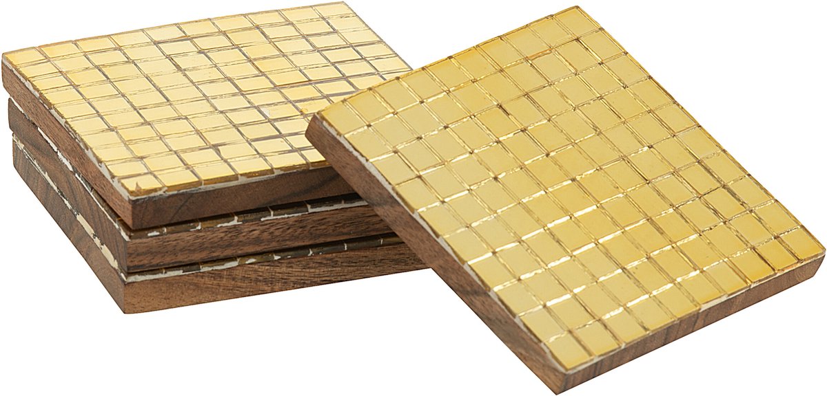 J-Line onderzetter Mozaïek - glas - goud - doos van 4