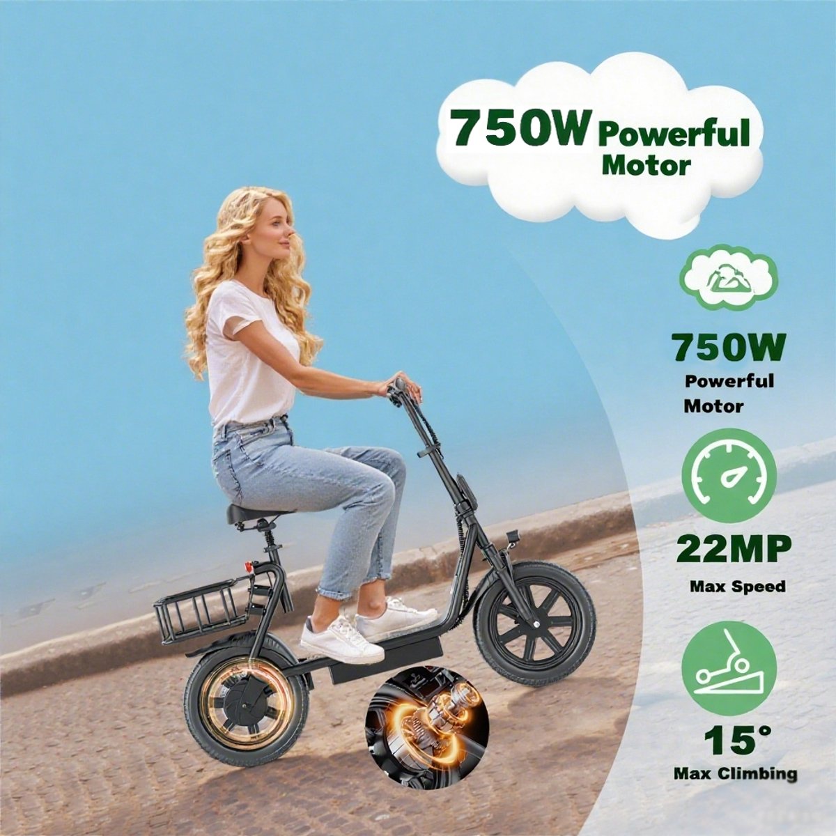 Afbeelding 2 van Minicee elektrische scooter voor volwassenen met zitting, 48V 10.4AH opvouwbare elektrische scooter, 14 inch banden, 22 km/u, 27 mijl bereik en enkele schijfremmen, maximale belasting van 120 kg
