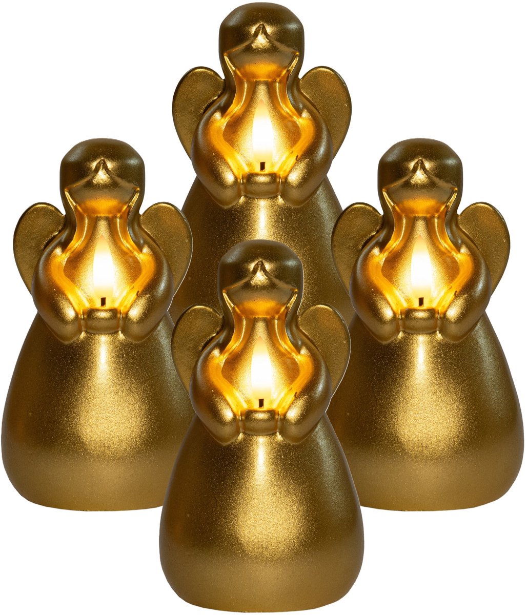 Anna's Collection LED kaars engel - 4x - goud - 14 x 8 cm - met timer - op batterijen - kerst - kerstkaarsen