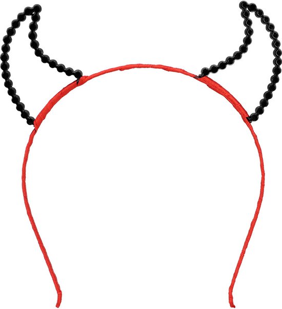 Rood diadeem met zwarte hoorntjes.