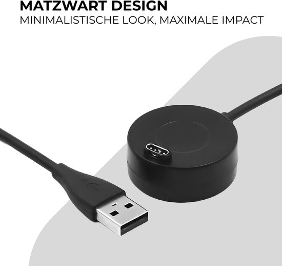 Zwarte ronde oplader met USB-A-stekker, matzwart design voor een minimalistische look.