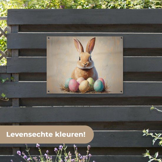 Tuinposter 80x60 cm - Tuindecoratie Paashaas - Pastel - Eieren - Poster voor in de tuin - Buiten decoratie - Schutting tuinschilderij - Tuindoek muurdecoratie - Wanddecoratie balkondoek - Pasen - Paasdecoratie - Paas versiering