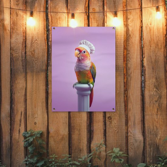 Tuinposter 60x80 cm - Tuindecoratie Papegaai - Koksmuts - Pilaar - Vogel - Poster voor in de tuin - Buiten decoratie - Schutting tuinschilderij - Tuindoek muurdecoratie - Wanddecoratie balkondoek