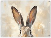 Tuinposter 80x60 cm - Tuindecoratie Haas - Oren - Bruin - Poster voor in de tuin - Buiten decoratie - Schutting tuinschilderij - Tuindoek muurdecoratie - Wanddecoratie balkondoek - Pasen - Paasdecoratie - Paas versiering