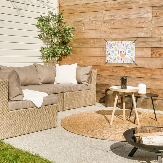 Tuinposter 40x30 cm - Tuindecoratie Patroon - Kip - Paaseieren - Poster voor in de tuin - Buiten decoratie - Schutting tuinschilderij - Tuindoek muurdecoratie - Wanddecoratie balkondoek - Pasen - Paasdecoratie - Paas versiering