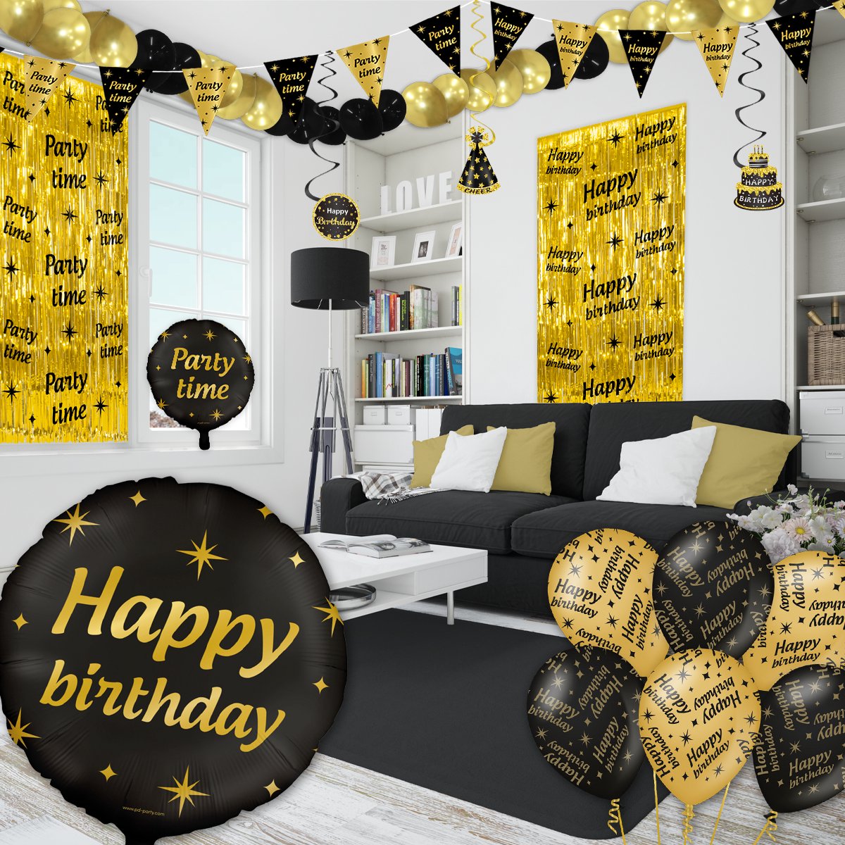 BTH - Slingers - Happy Birthday - Goud en Zwart - Slingers Verjaardag - Vlaggenlijn - Verjaardag Versiering - Verjaardag — afbeelding 3