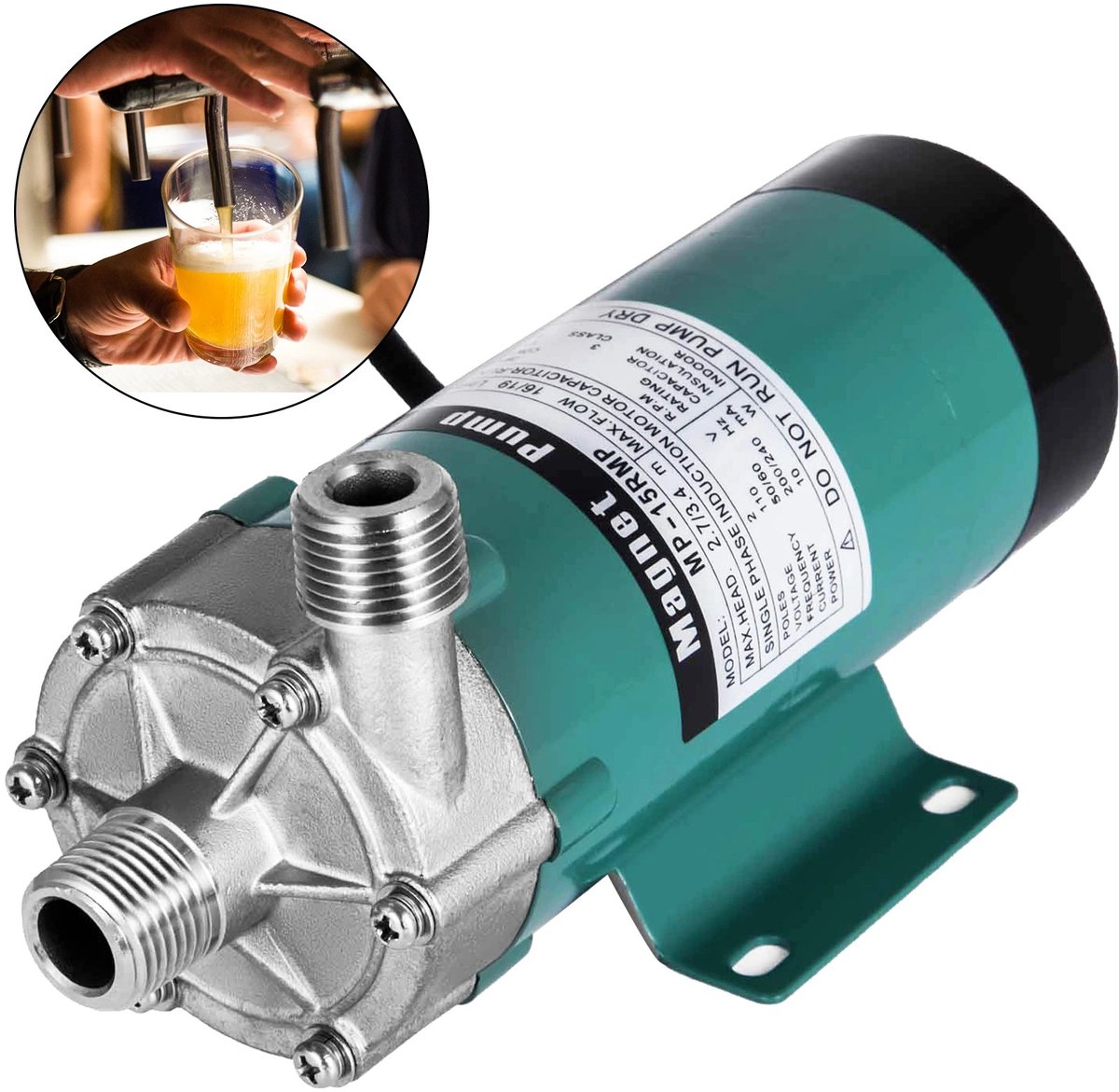 Bierpomp - Magnetische Brouwpomp - RVS Brouwpomp - Wortpomp - Homebrew Pomp - Bierbrouw Accessoire - 10W Pompsysteem - 1/2 Inch Aansluiting - 220V - Brouwinstallatie - Stil - Hittebestendig - Geen Lekken