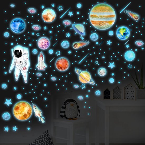 1 set lichtgevende stickers planeten sterren glow in the dark planeet astronaut muurstickers plafonddecoratie fluorescerende sticker voor kinderkamers blauw