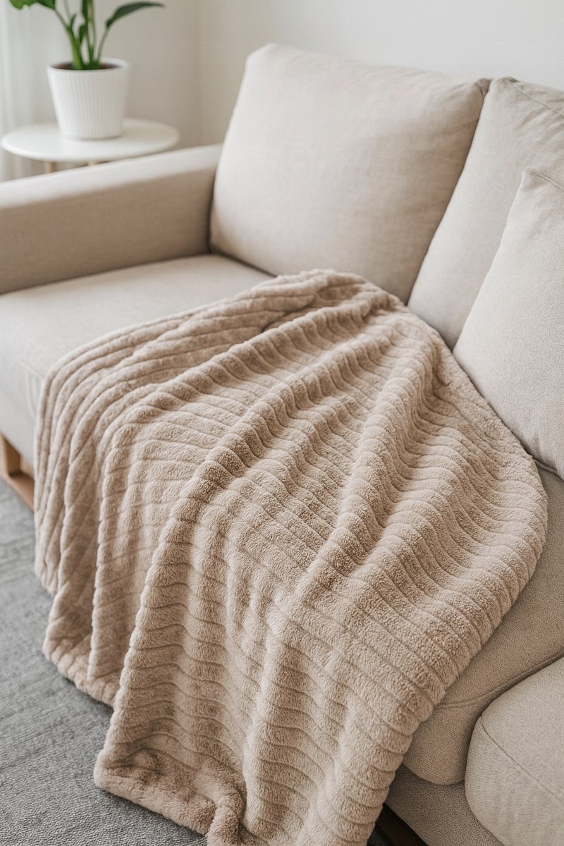 Zachte Beige Pluche Deken 160x200cm - Gestreept & Warm