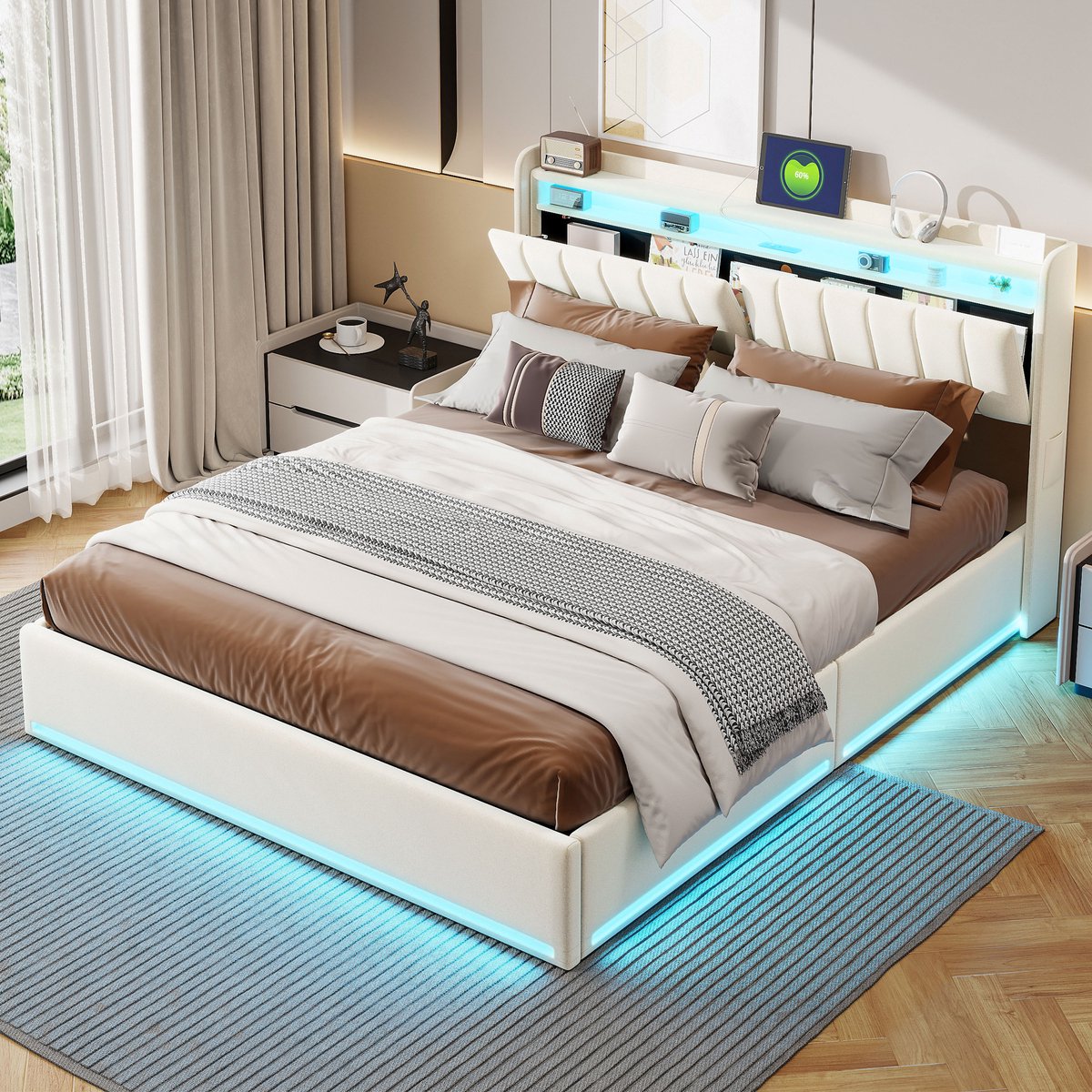 BursDany Tweepersoons Opbergbed 160x200 cm met LED en USB, opberghoofdeinde - gestoffeerd bedframe voor volwassenen en tieners, 500 kg ondersteuning, beige fluweel (zonder matras)