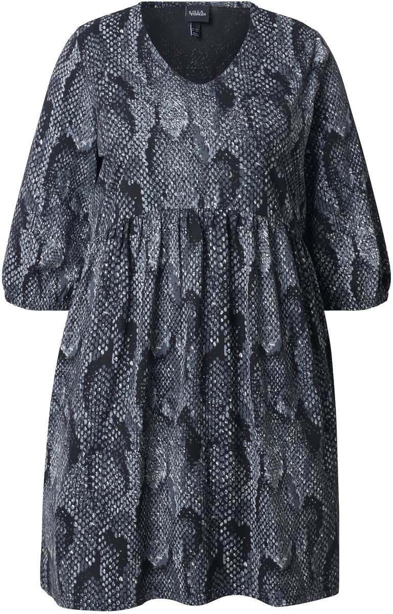 Ulla Popken Dames - Jersey jurk dierenprint A-lijn V-hals 3/4-mouwen - Klassiek zwart - Maat 50+