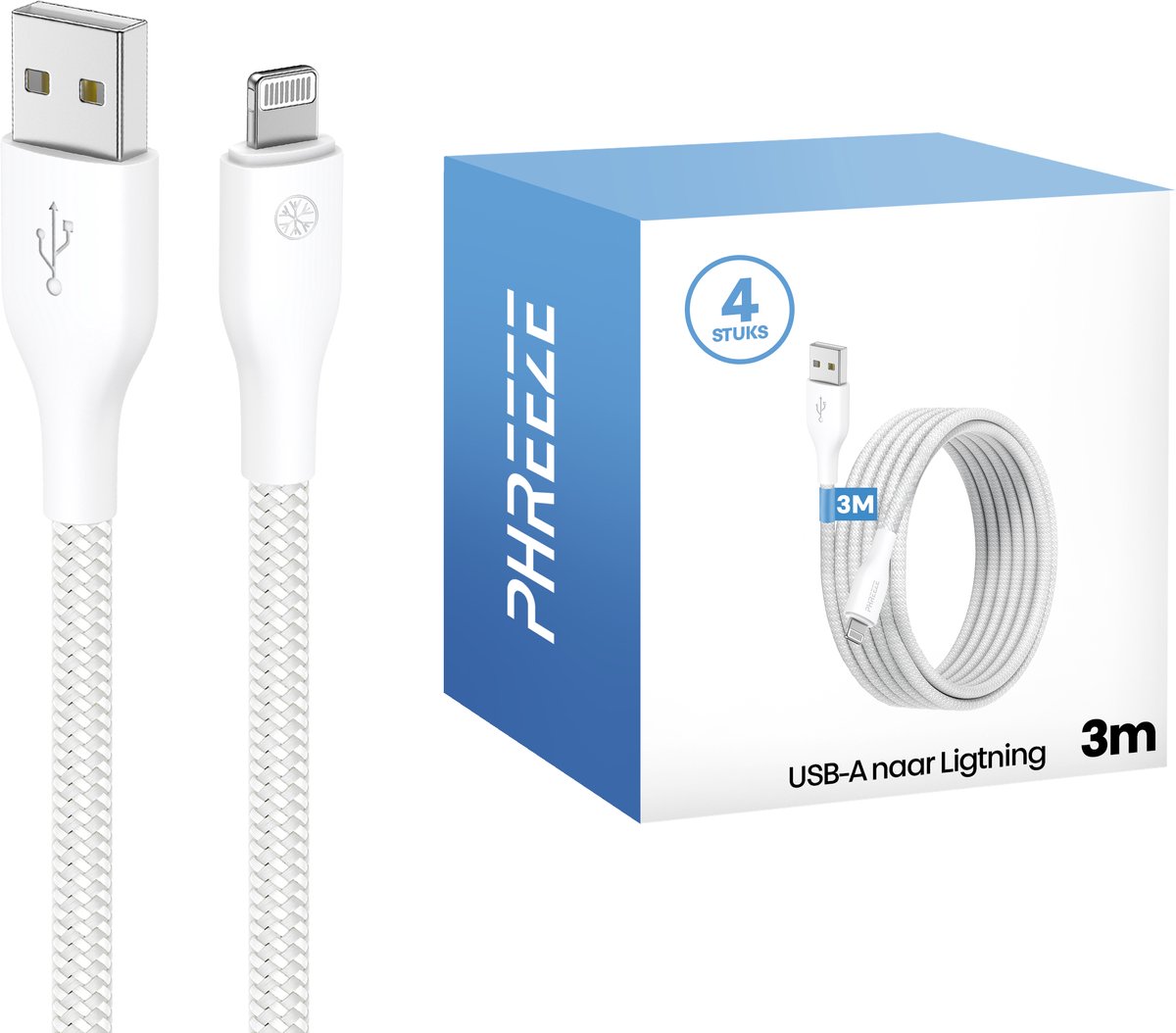 4x lange usb kabel geschikt voor iPhone (Lightning) - 3 meter - Oplaadkabel - Wit