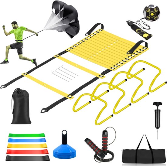 Navaris Voetbal Trainings Set - 6m Loopladder, Verstelbare Hordes, Pionnen, Haringen En Draagtas - Geel