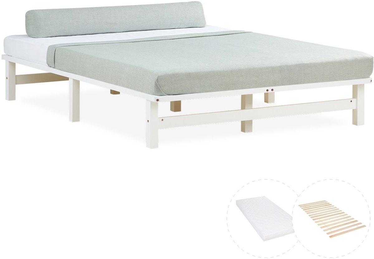 Homestyle4u Palletbed - 140x200 cm - Houten bed - met matras - Wit