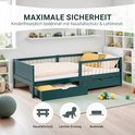 Groen kinderbed van 200 cm lang met een matras, ombouw en 2 lades. Inclusief valbescherming en lage instap.
