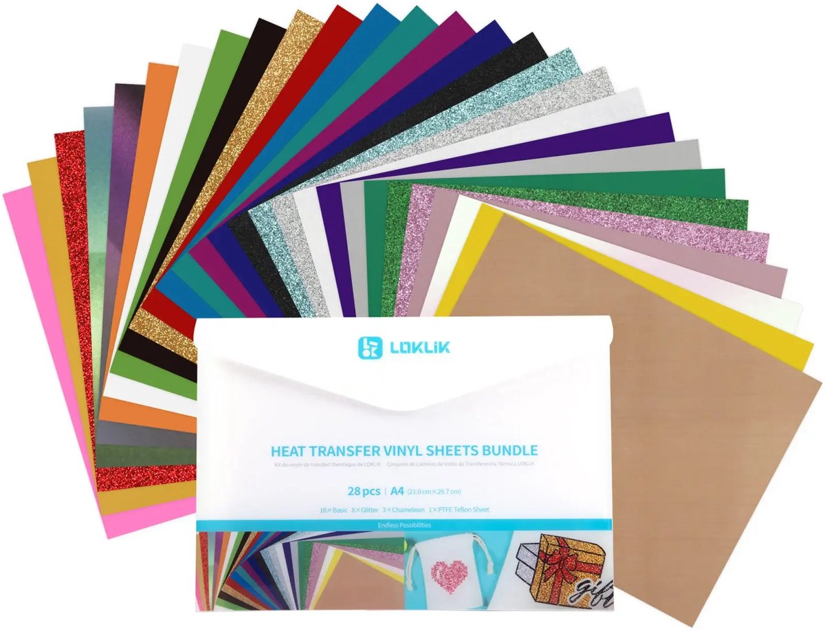 Flexfolie / Iron-on Folie Set - Loklik A4 28-pack (Cricut, Silhouette & LOKLiK Compatible, Textielbedrukking)