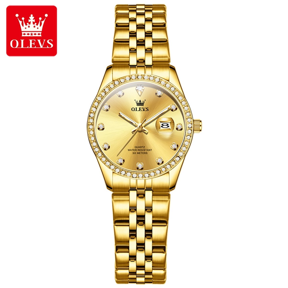 HO-3629L.g : Olevs goudkl edelstaal dames quartz horloge, diamantzirkonia
