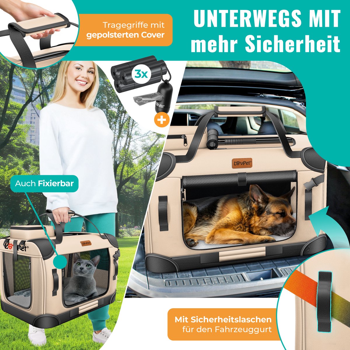TRESKO® Opvouwbare hondenbox inclusief likmat en spatel, XL, 83 x 58 x 58 cm, transportbox voor honden en katten, hondentransportbox voor kleine en grote honden, robuuste hondentas, antraciet