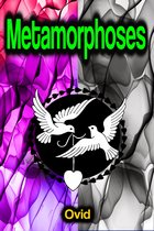 Livre "Métamorphoses" d'Ovide. Titre en vert, fond avec des motifs fumés violets et gris, avec deux colombes blanches tenant un cœur.